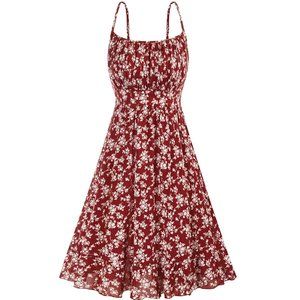 Spaghetti Strap Floral Dress Ruffle Hem Pleated Casual Summer Dress Boho Midi